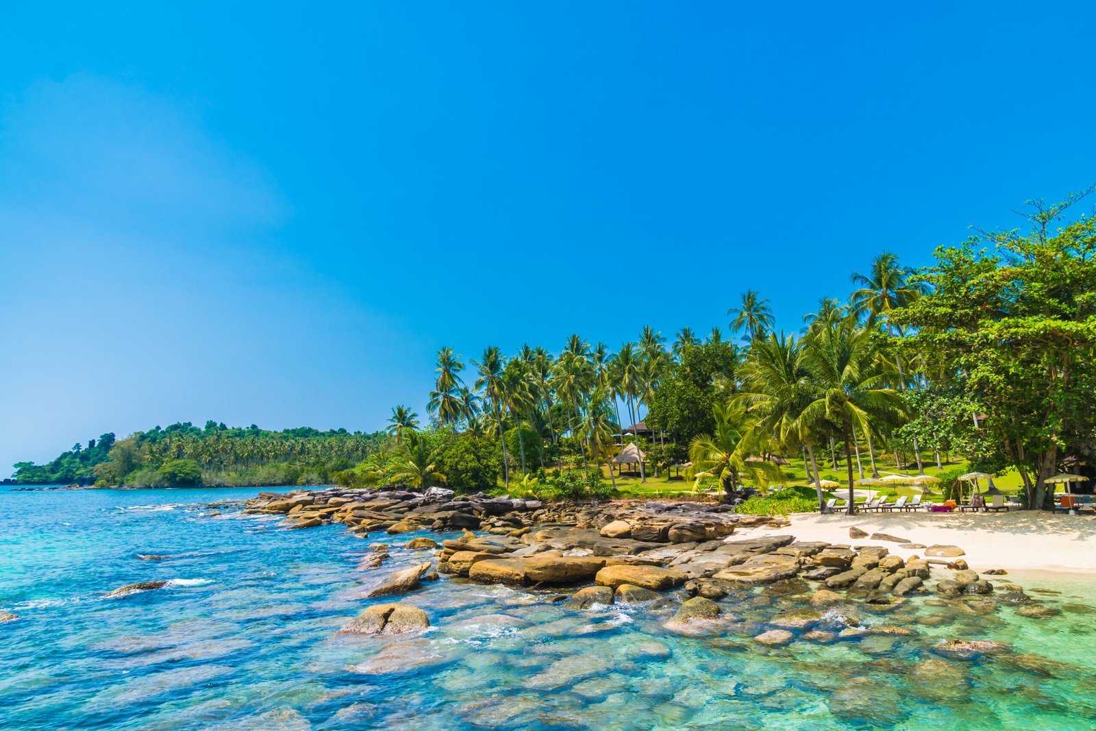 Beautiful tropical beach and sea with coconut palm tree in paradise island - Holiday Vacation concept