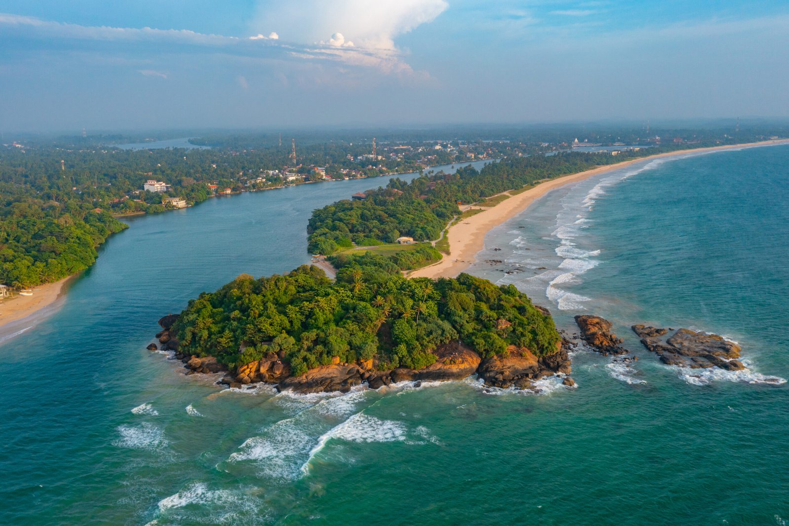 Aerial view of Bentota beach and the secret island, Sri Lanka.