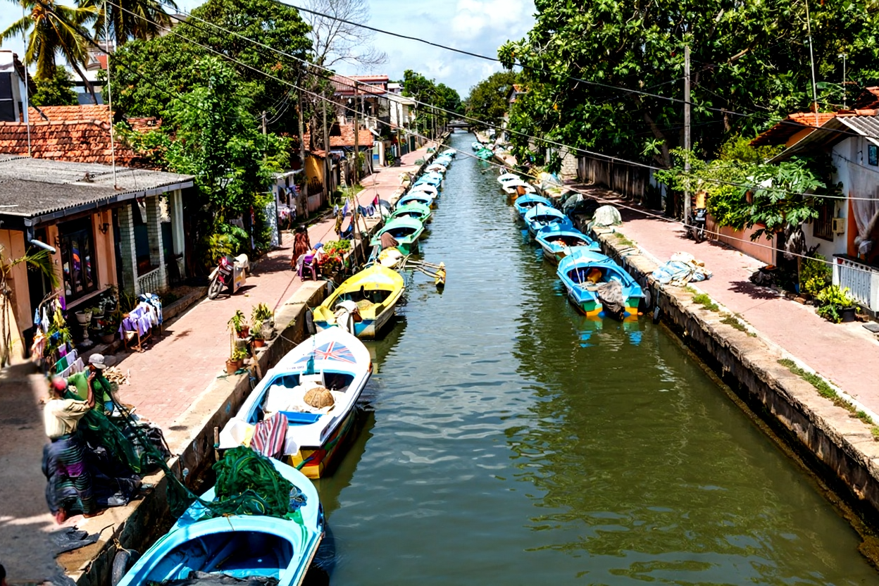 Old canal with houses and small fishing boats in Negombo